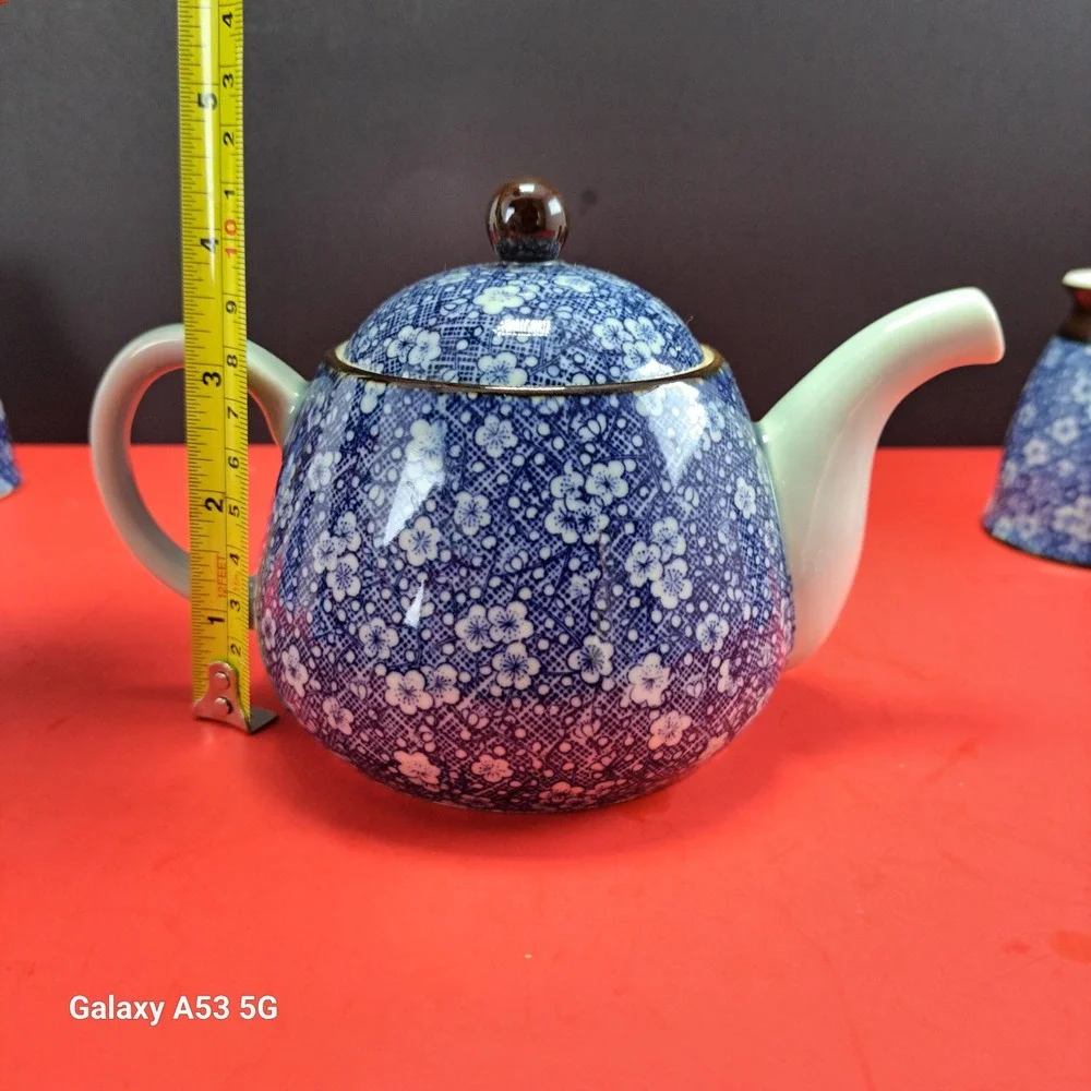 Vintage‎ Tachikichi Japanese Tea Set 6 Pc Blue Calico Floral Teapot Cups EX